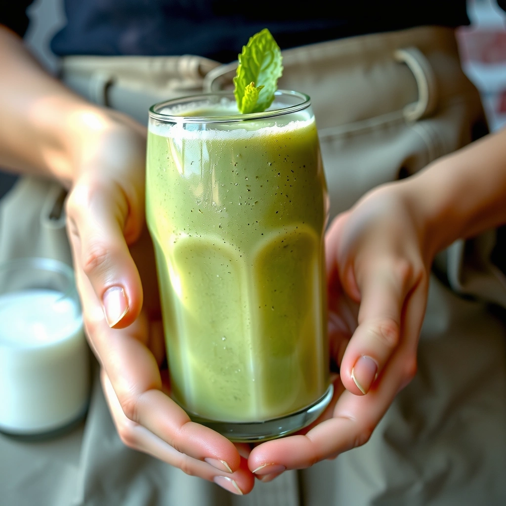 Hands holding a vibrant green smoothie