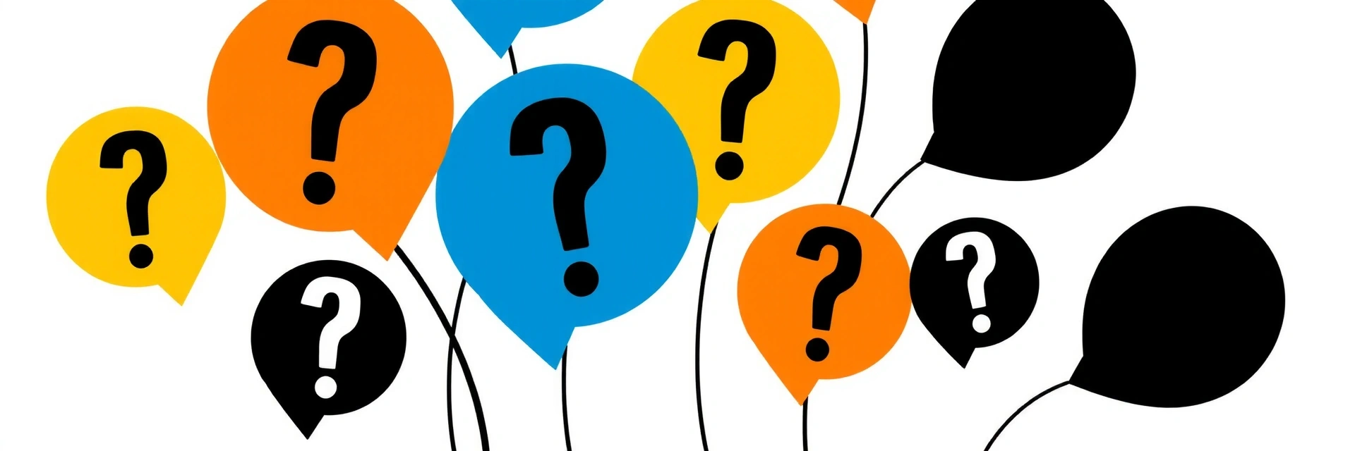 Stylisierte Fragezeichen und Gedankenblasen, die Fragen und Antworten symbolisieren