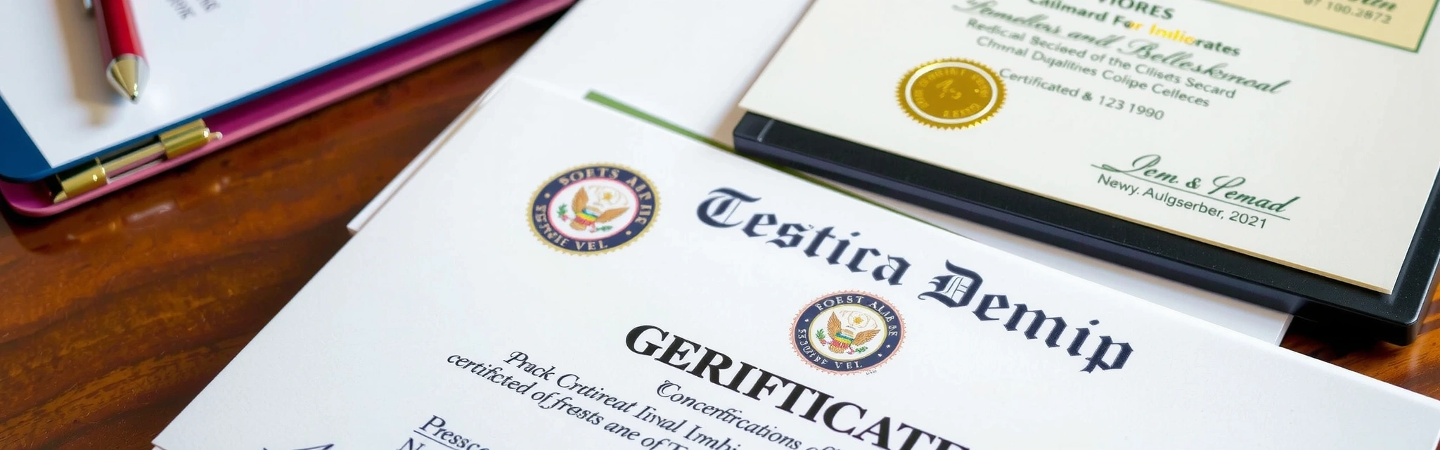 Close-up of various professional certificates and diplomas displayed neatly.